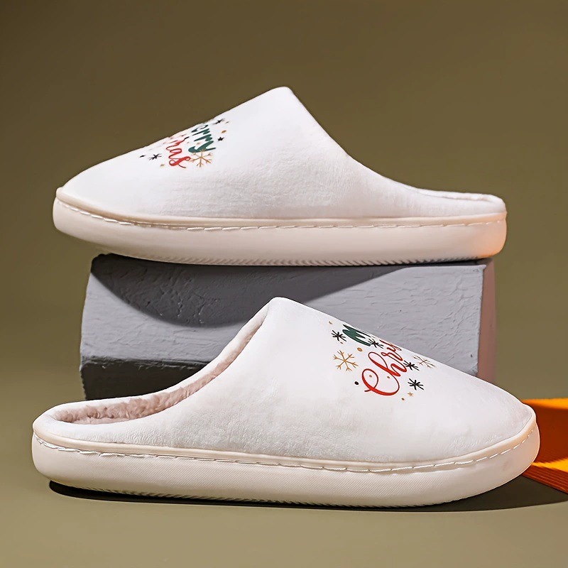 Теплые домашние тапочки из хлопка с мехом, толстая подошва, нескользящие, для осени и зимы, рождественская мультяшная расцветка, для трансграничной внешней торговли