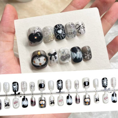 超可爱黑色苹果穿戴甲小红书爆款3D立体美甲贴片30片银色珠光ins