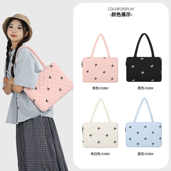 Korean-style embroidery 14inch bowknot handbag shoulder computer bag 11inch tablet storage bag 15.6inch computer bag
