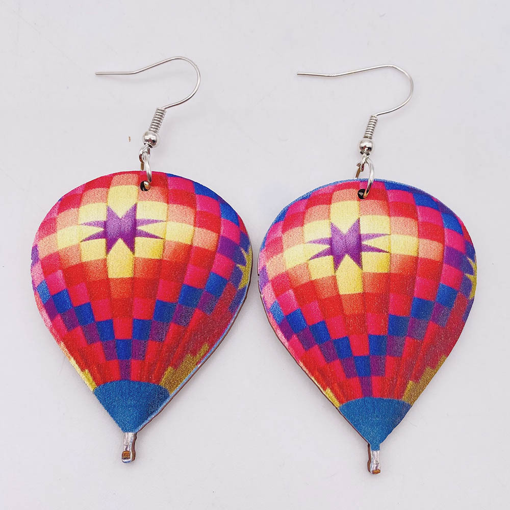 1 Paire Mode Montgolfière Bois Patchwork Femmes Boucles D'oreilles display picture 3