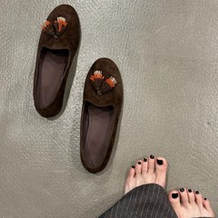 现货~复古小众绒面流苏平底圆头乐福鞋女2025新款秋季百搭单鞋