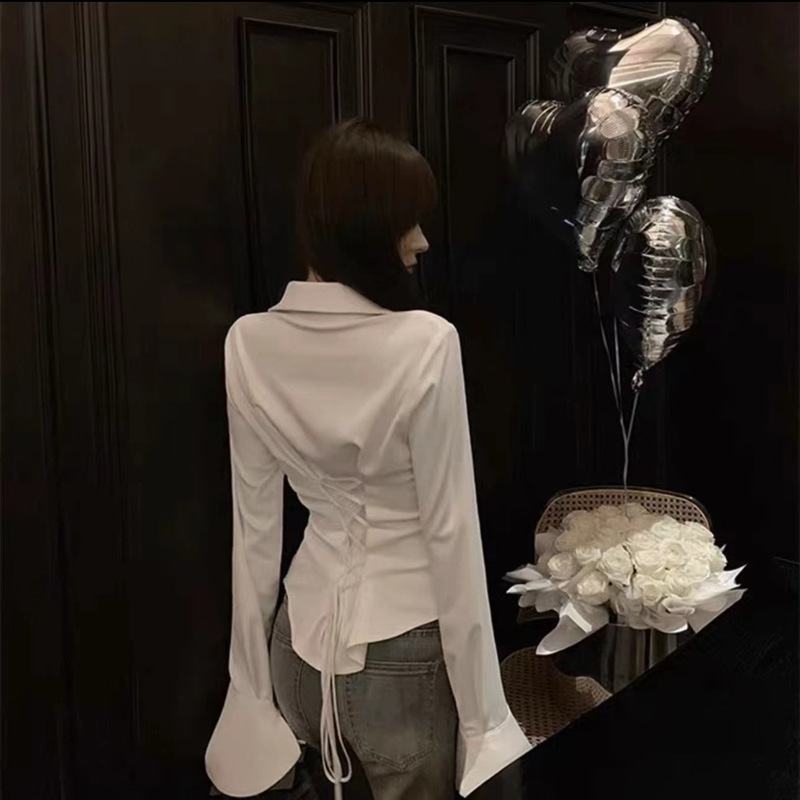 Summer Pure Desire White Chic Shirt Sexy Spice Girl Slim-fit Shirt Lace-up Waist Slim-fit Women's Top