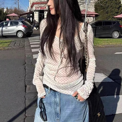 IN choose u2025年秋季显瘦大方领系带长袖波点网纱上衣女