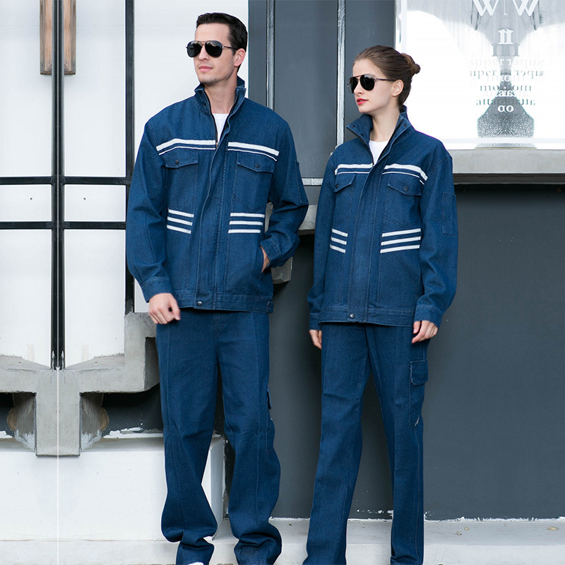 2021新款男女春秋装电焊机修建筑牛仔劳保工作服长袖套装批发logo