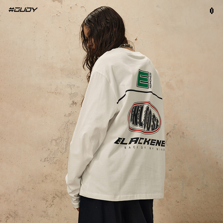 # OVDY Otoño Nueva marca de moda Americana original de los hombres y las mujeres de la misma motocicleta estilo impreso suelta cuello redondo manga larga moda