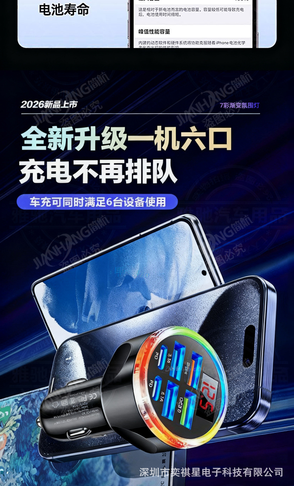 Car Charger, Mobile Phone Cigarette Lighter Adapter, Six-Hole Super Fast Charging Car Charger, Car USB Interface