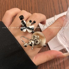 小香風手工串珠花朵酒壺Y2K甜酷指環戒 法式ins風疊戴彈力繩戒指