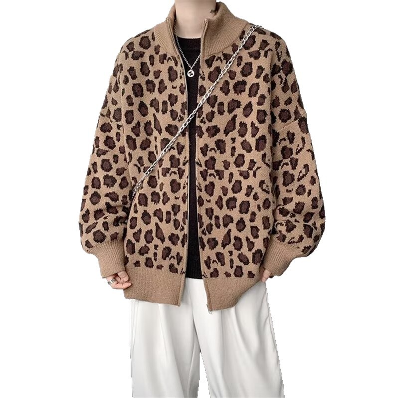 Explosiones transfronterizas de tamaño europeo de tamaño grande leopardo cardigán chaqueta jersey jersey hombre alto otoño invierno fábrica de suéter al por mayor