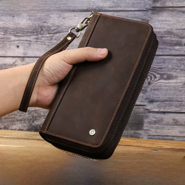 Black Angel Vintage Crazy Horse Cowhide Men's Long Wallet Double Zipper with Wrist Strap Clutch Bag Cross-border Hair