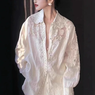 工厂轻奢女装设计师款气场强大干练气质镂空白色衬衫秋季宽松上衣
