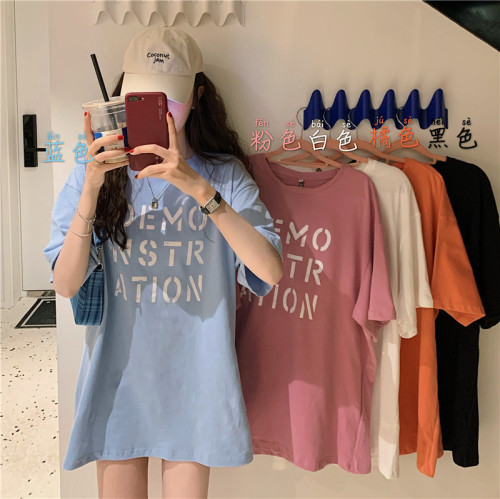 Summer 2025 Korean Version Stylish Loose Medium-Length Top BF Friend Dress Women's Letter Short-Sleeve T-Shirt Ins Trend