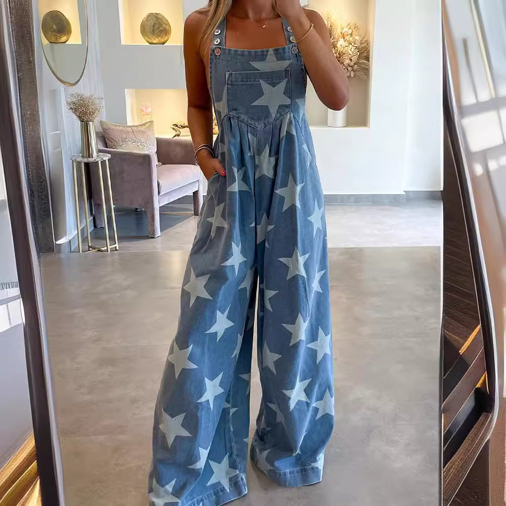 Shiying Personalisierter trendiger Cowboy-Jumpsuit mit Trägern für den Sommer, Damen, neue Mode, Pentagramm-Aufdruck, Hose mit weitem Bein_voghion.com