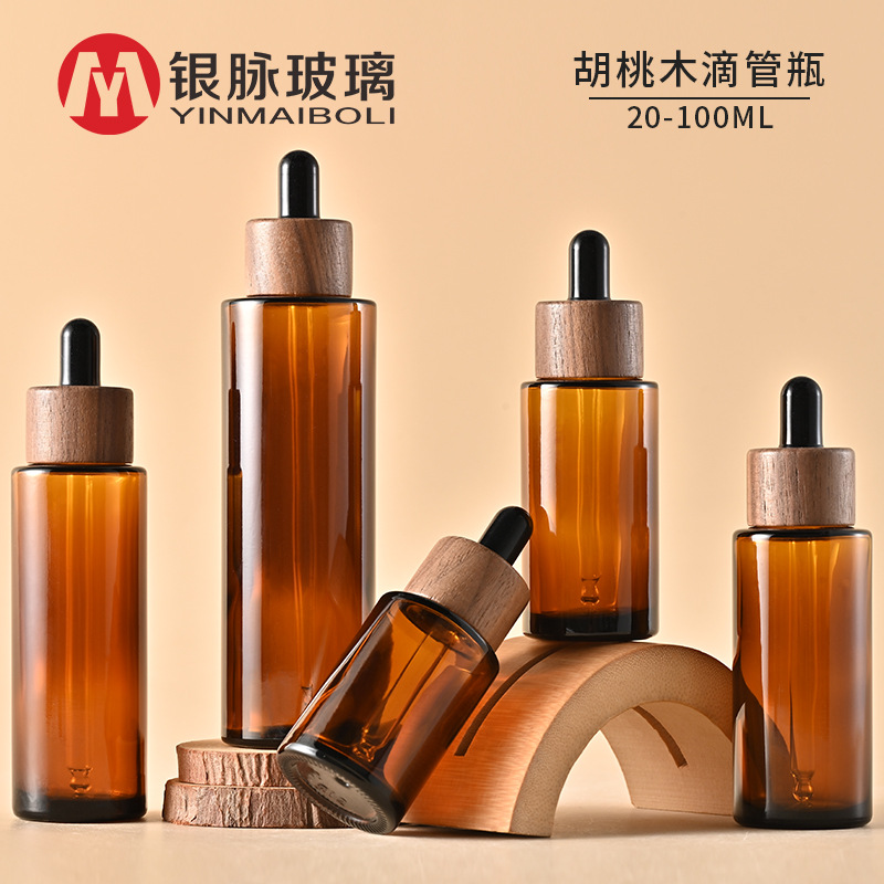 Silver Vein in Stock 20-100ml Brown Flat Shoulder Bottle Walnut Wood Ring Essence Liquid Dispensing Bottle Glass Dropper Bottle