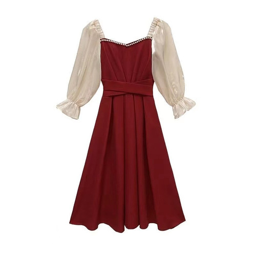 Foreign trade items, please confirm the actual product before placing an order, sweet French red women's dress with five-finger sleeves for summer