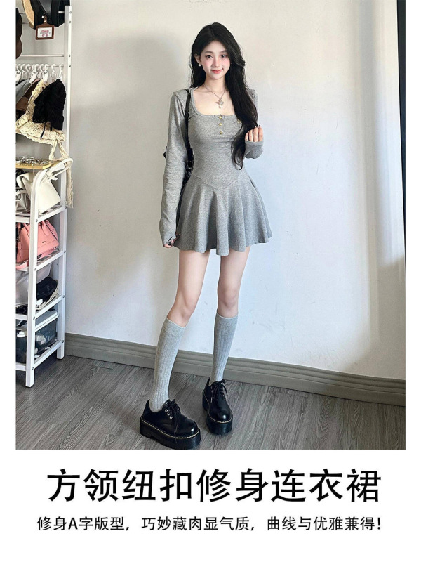 灰色长袖收腰连衣裙短款女早秋冬季大衣内搭冷淡韩系小个子a字裙|undefined
