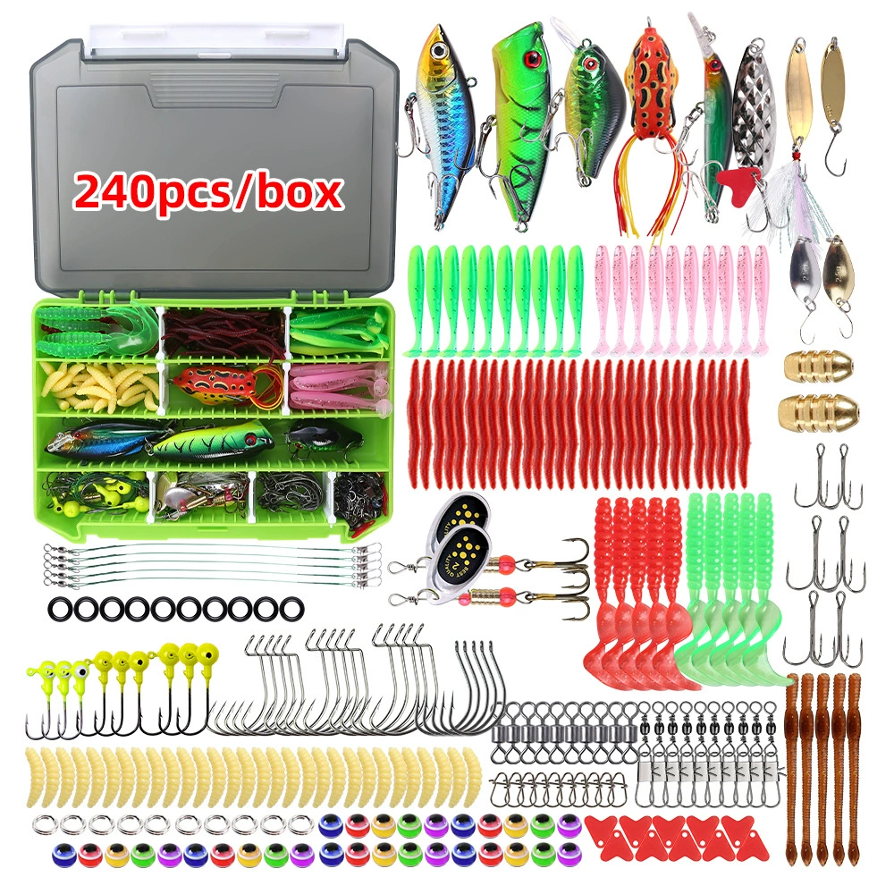 Набор мягких приманок для рыбалки с крючками-восьмерками, 240 шт./упаковка, красные черви с изогнутым хвостом, стальной поводок, коробка.