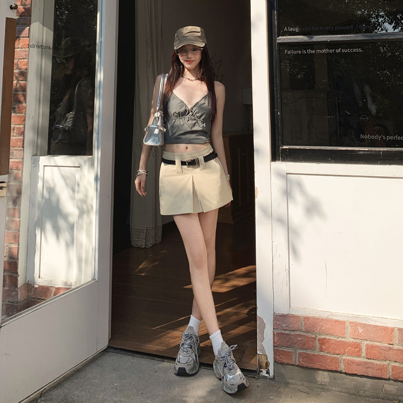2026 Summer New Khaki Design High-Waisted Short Skirt for Women, Retro Slimming Versatile Hot Girl A-Line Skirt Pants