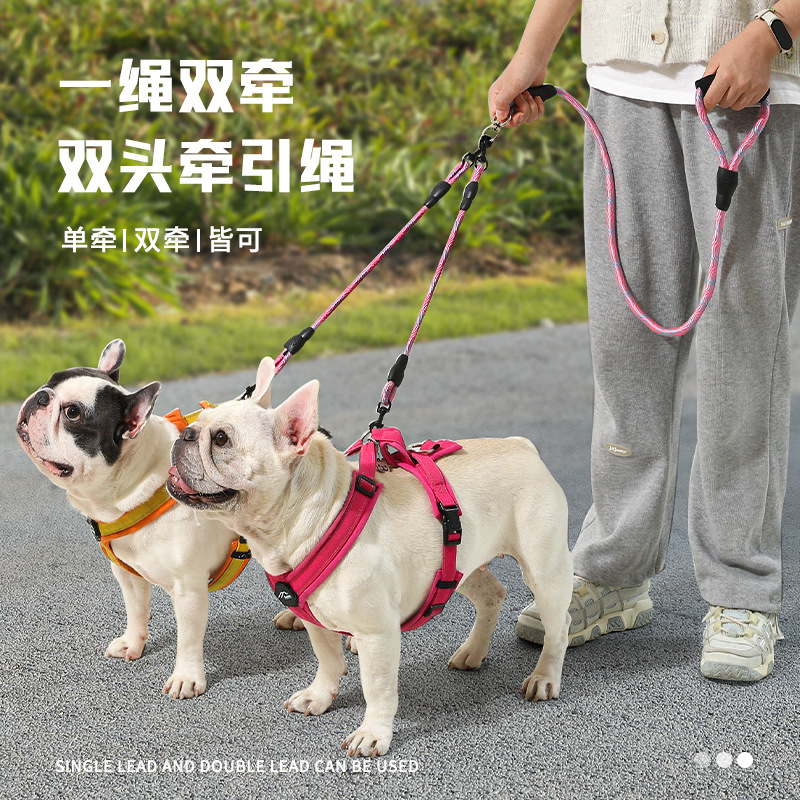 Cuerda de tracción para perros transfronteriza, cuerda para pasear perros, cadena de doble perro de tamaño mediano, tracción de doble cabezal, correa de tracción de uno a dos, suministros para mascotas
