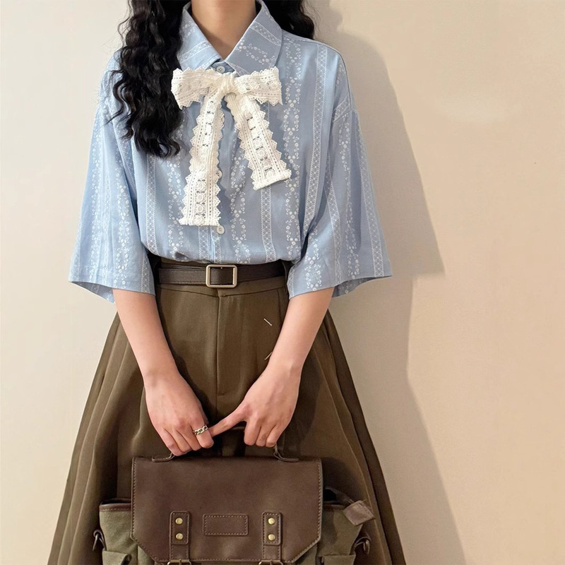 Japanese Retro Literary Sweet Striped Jacquard Lace Tie Short-Sleeve Shirt for Women 2025 Summer Loose Casual Top