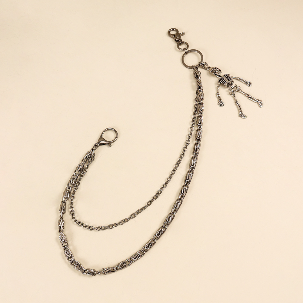 Double-Layer Pants Chain for Women, Black Gun Skull Mechanism Pendant, Fashionable Waist Chain for Men, Cross-Border Hot-Selling Punk Style Jeans Chain