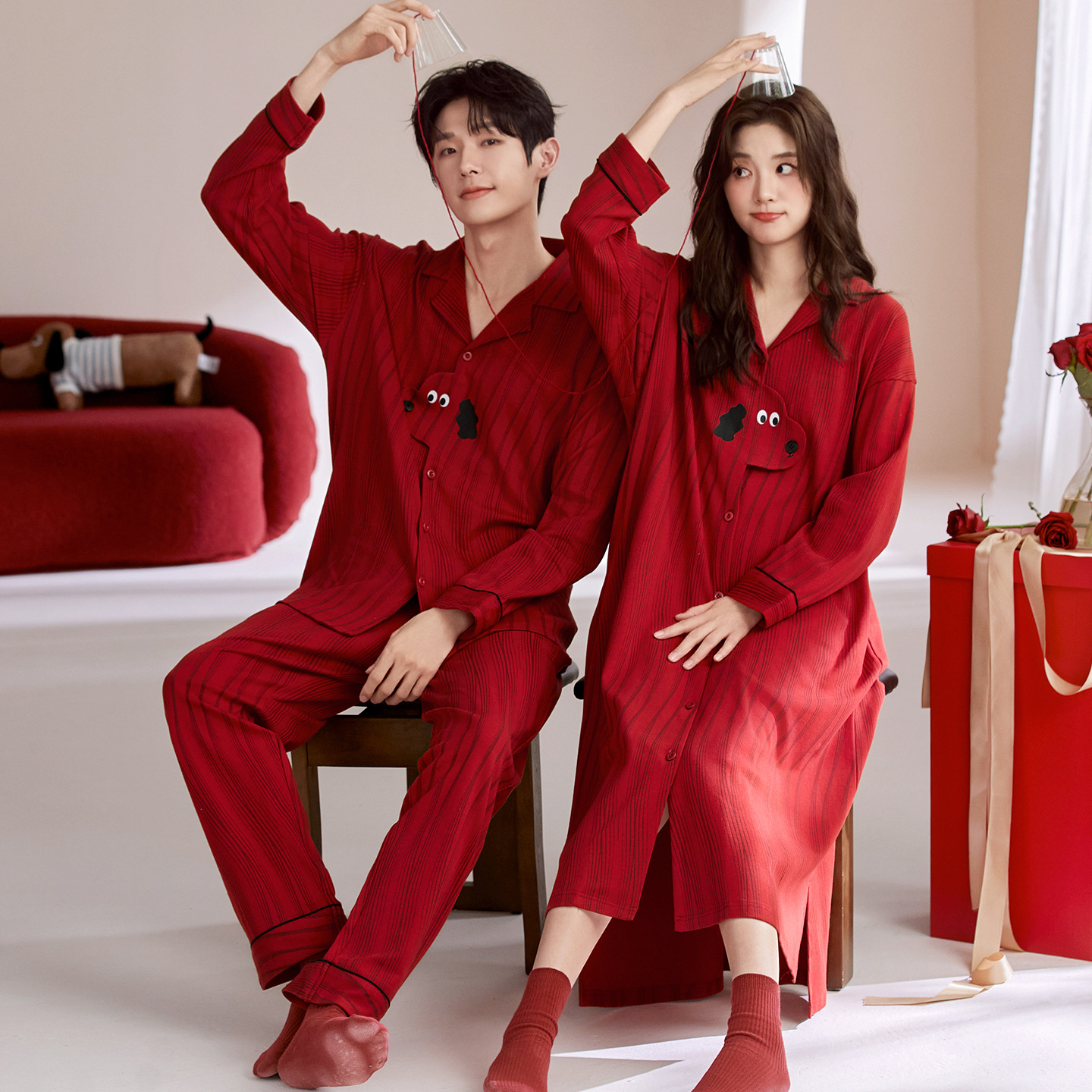 Couple Pajamas Spring & Fall Pure Cotton Long-Sleeved Nightgown Red Zodiac Year Wedding Newlyweds Festive Men and Women Home Wear Set