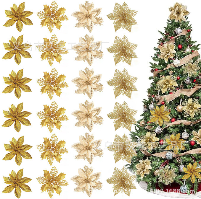 クロスボーダー热い贩売高模造リアルクリスマス金粉人工花クリップと茎花リング装饰祭り结婚式ペンダント|undefined