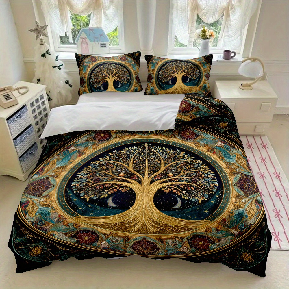 Retro dorado árbol de vida impresión digital abrasión kit de edredón textil suave piel transpirable TEMU / J