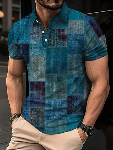 Cross-border TEMU best-selling summer retro American-style comfortable plus-size 3D digital print wholesale stand-up collar men's POLO shirt