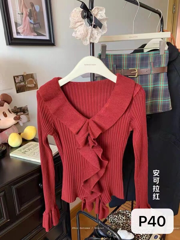 リアルショットとリアルプライスの秋冬の新しいパーソナライズされた甘くてスパイシーなスタイルの女性用Vネックカーディガンフリルデザインニットトップ|undefined