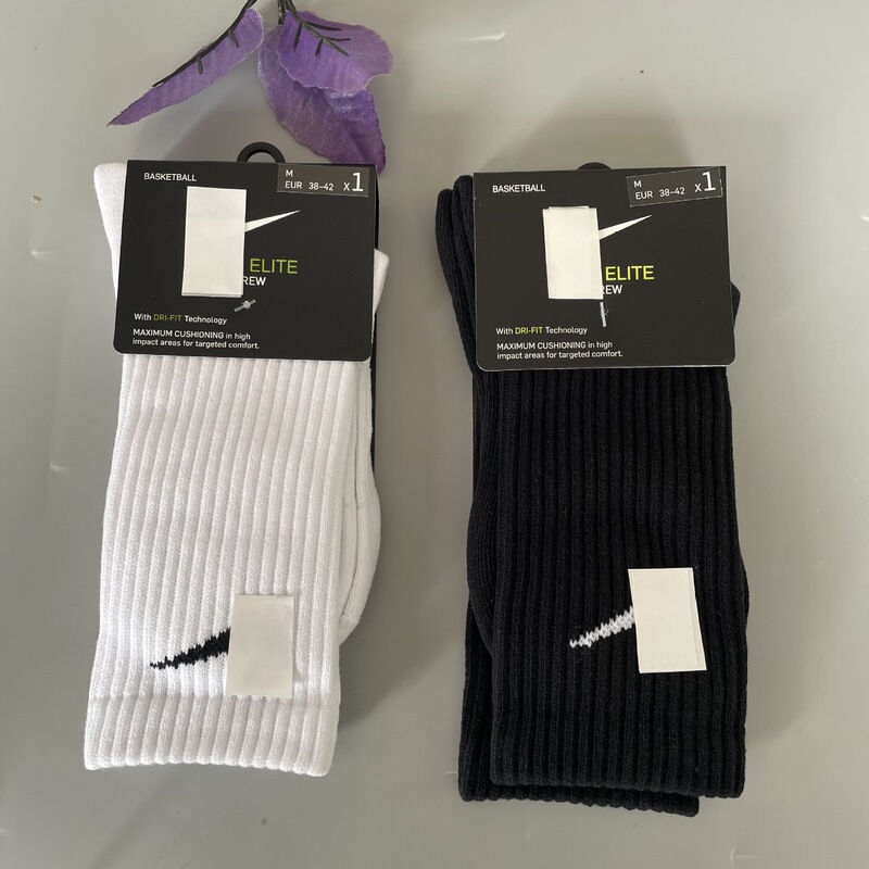 Suwan Naike Socks Black and White Mid-Calf High Towel Bottom Pure Color Sports Socks Running Basketball Training Socks
