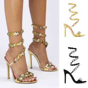 New Black Gold 11cm thin heel small round head silk satin rhinestone high heel sandals summer rivet heels foreign trade