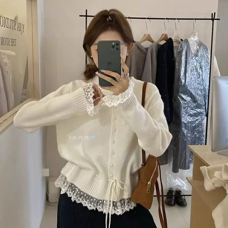 韩系甜美减龄蕾丝花边收腰系带毛衣女士冬季宽松显瘦百搭圆领上衣|undefined