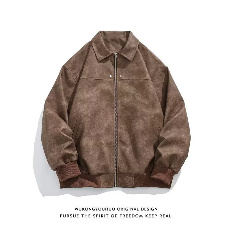 Autumn retro brown short polyurethane jacket, American style