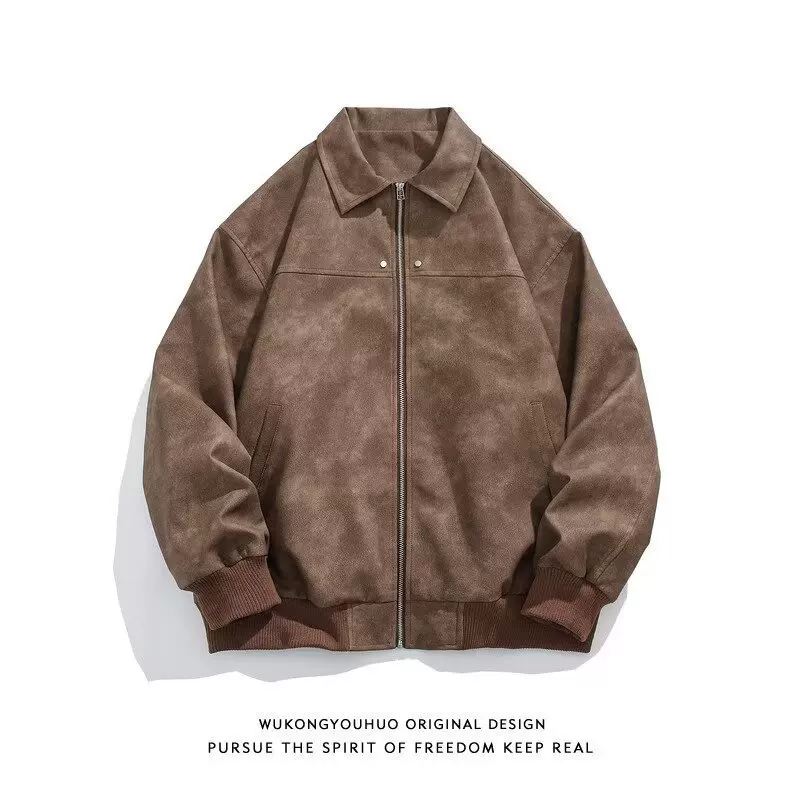 Autumn retro brown short polyurethane jacket, American style