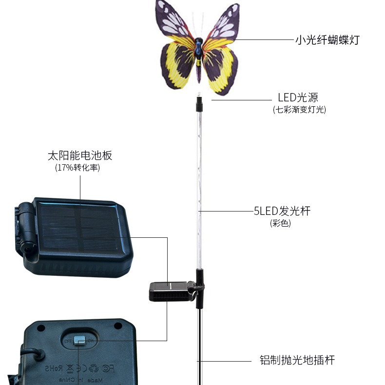 Lámpara de mariposa de fibra óptica, lámpara solar transfronteriza para jardín al aire libre, lámpara led colorida de acrílico para césped, lámpara decorativa para paisaje