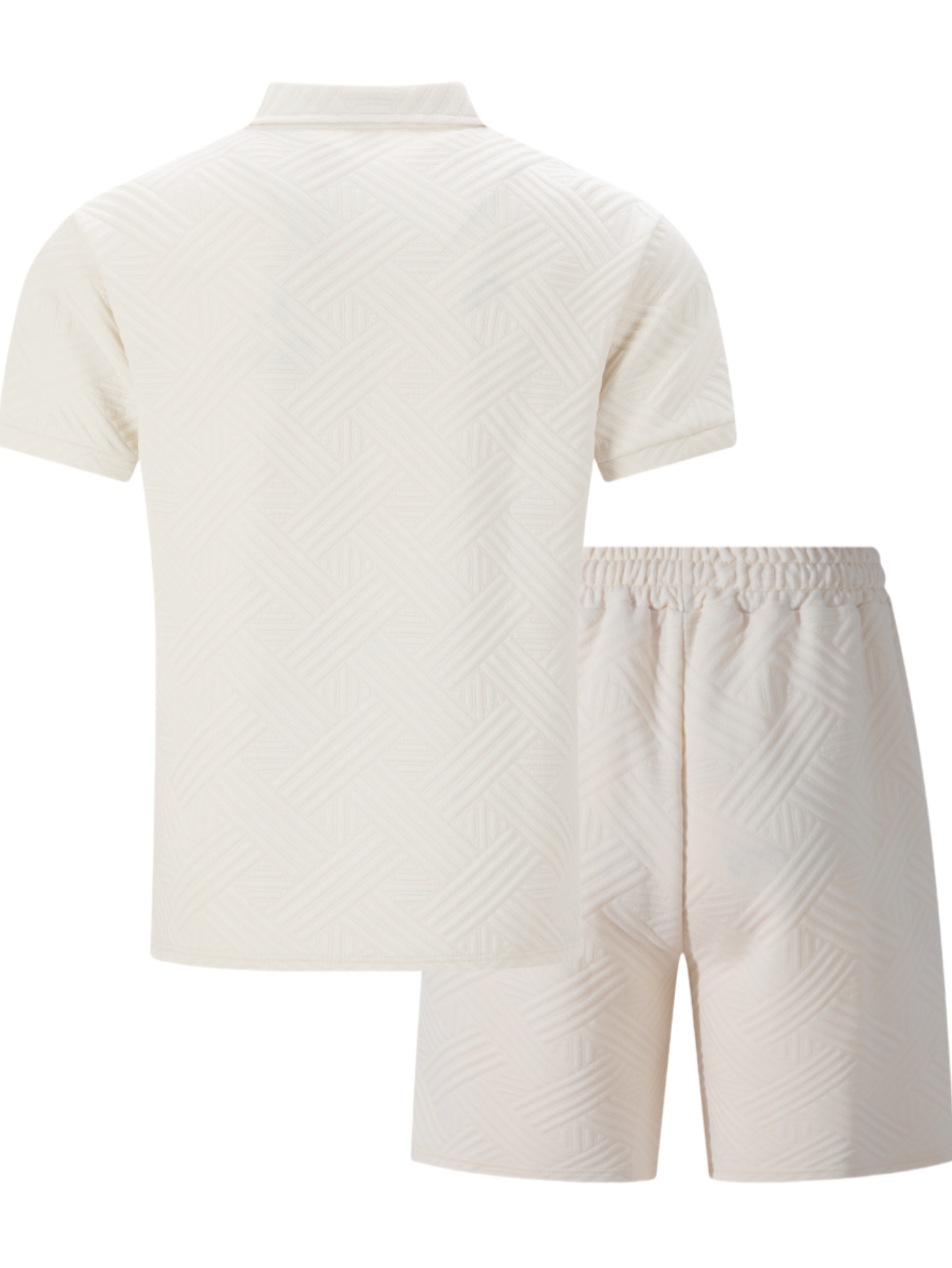 Zweiteiliges Herren-Set aus Waffelstrick, einfarbig, Sommer, Kurzarm, Shorts mit Tasche und Jacquard-Kragen._voghion.com