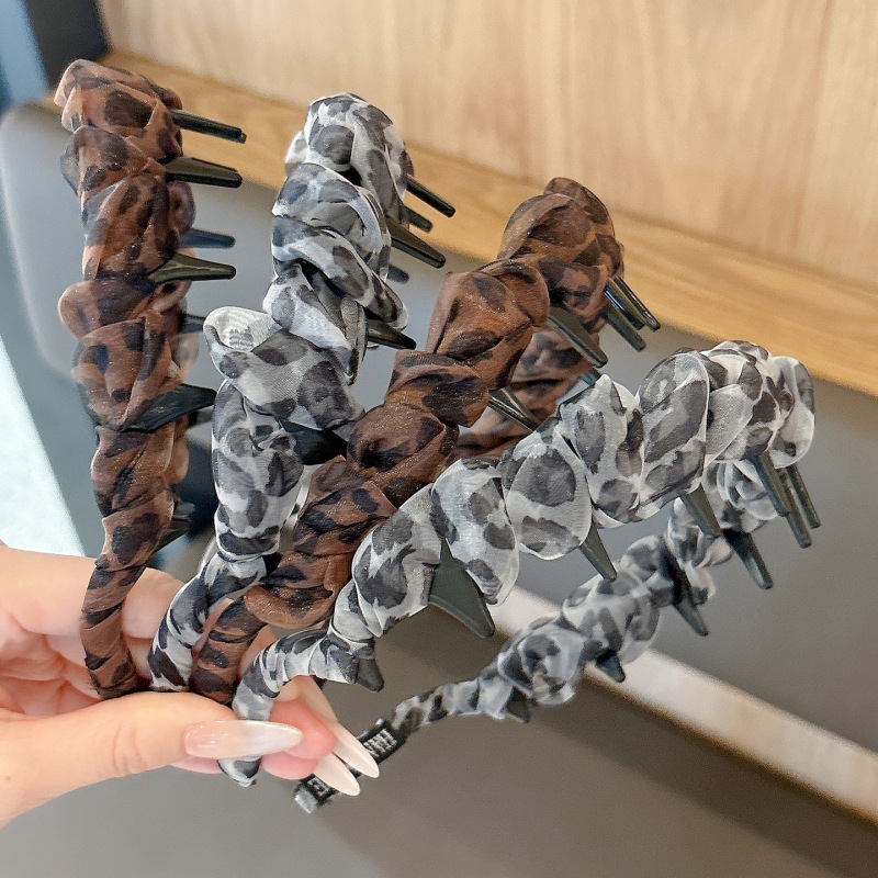 轻奢网纱豹纹发箍女复古洗脸带齿发卡防滑压发头箍高级感发捆头饰|undefined