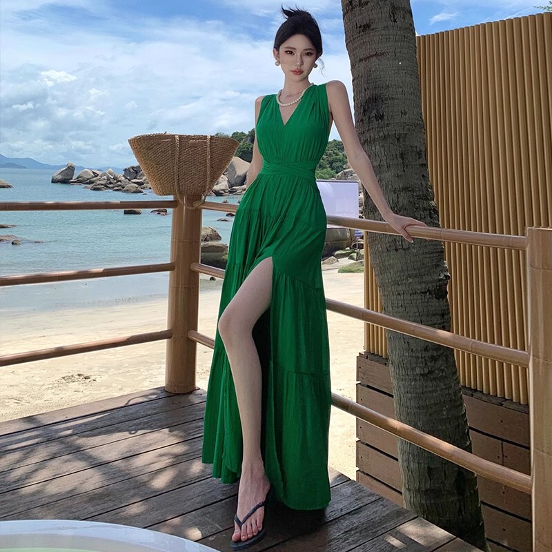 French Style Red V-neck Strap Neck dress Women's Beautiful Backless Sexy Split Slimming Long Dress for Seaside Vacation