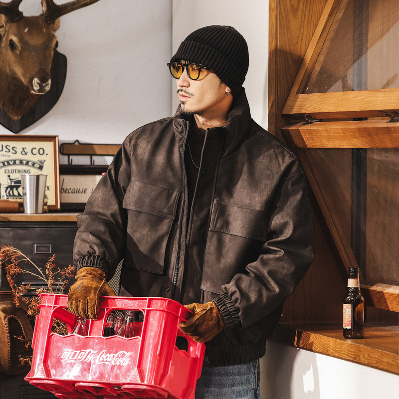 American Retro High-Puff 90 Duck down Workwear down Jacket Men's Winter Thickened Warm Biker Leather Jacket Coat