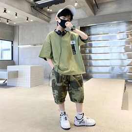 男童夏季迷彩套装2025新款中大童童装含棉T恤五分裤运动两件套