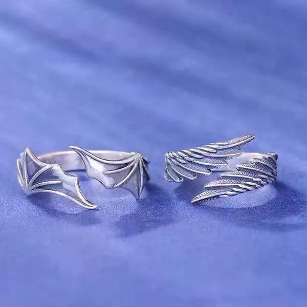 Angel and Demon Wings Couple Thai Silver Rings European and American Cross-Border Jewelry Personalized Open Rings Directly from the Manufacturer