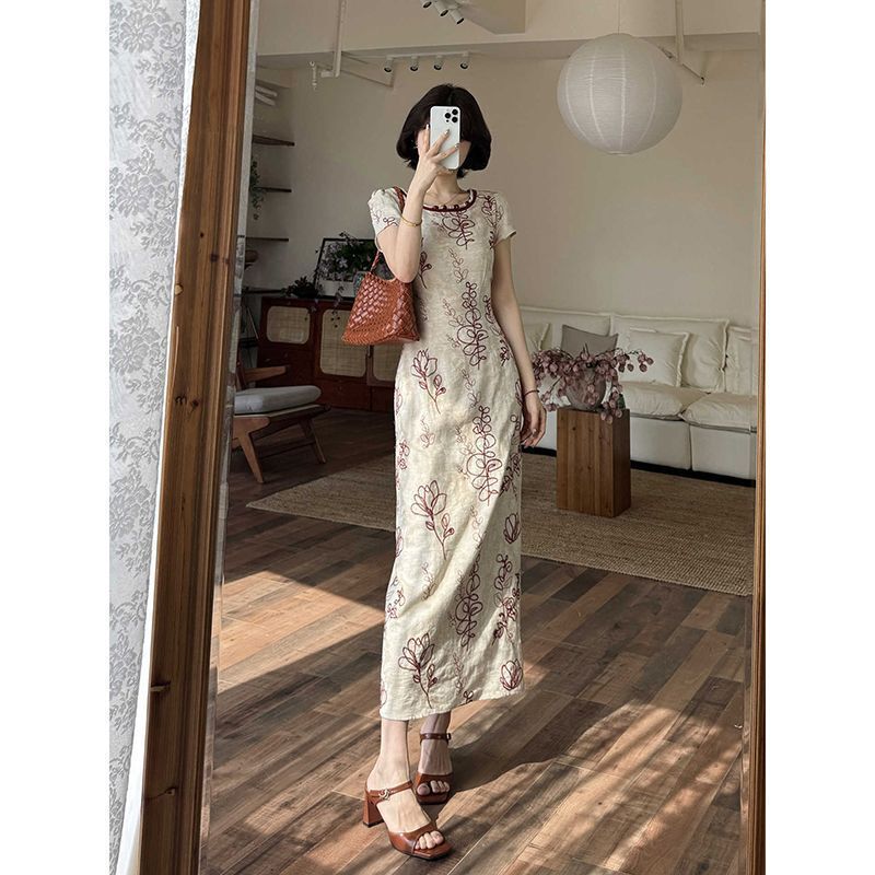 冷淡系穿搭独特漂亮掐腰国风印花连衣裙女夏季百搭巨好看的小裙子|undefined
