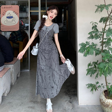 破洞v领吊带连衣裙女夏季复古收腰显瘦设计感小个子A字长裙女chic