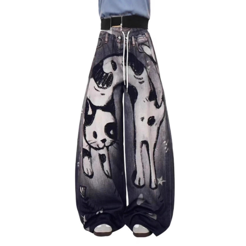 Spray-Painted Hand-Drawn Graffiti Cartoon Anime Jeans for Men and Women High Street Loose Hip-Hop Long Pants Street Fashion Brand