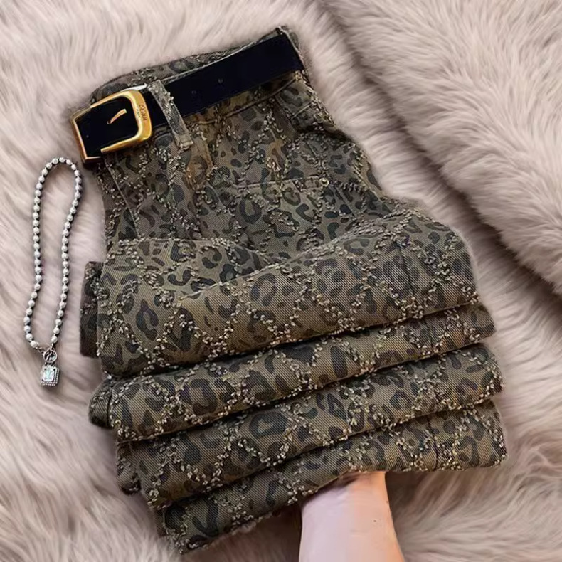 Dames jeans hoge taille luipaardprint rechte denim broek stretch_voghion.com