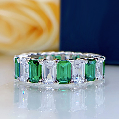 Large row of diamond rings fashionable green diamond emerald cut square full circle diamond ring s925 silver large diamond ring index finger ring