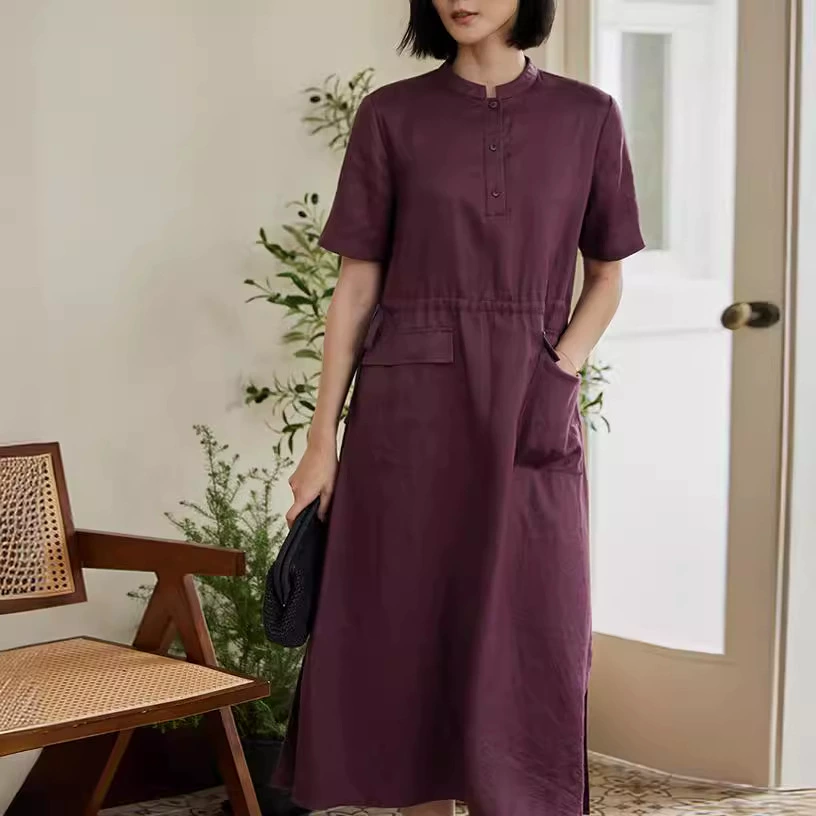 Новое платье миди из льна в легком китайском стиле с воротником-стойкой, коротким рукавом и завязками на талии, коллекция Весна/Лето 2024