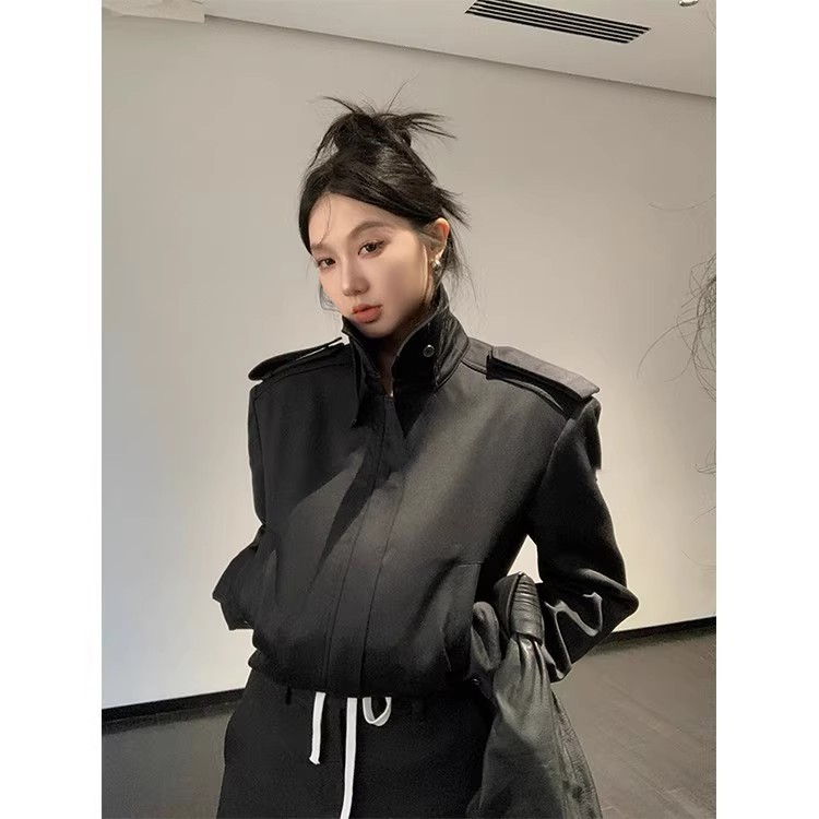 黑色立领阔肩外套上衣女秋季新款个性复古休闲百搭短款夹克机车服|undefined