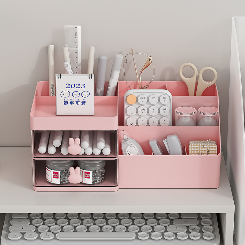 Desktop Storage Box Stationery Drawer-Type Cartoon Transparent Desk Plastic Office Storage Box Cosmetics Storage Box