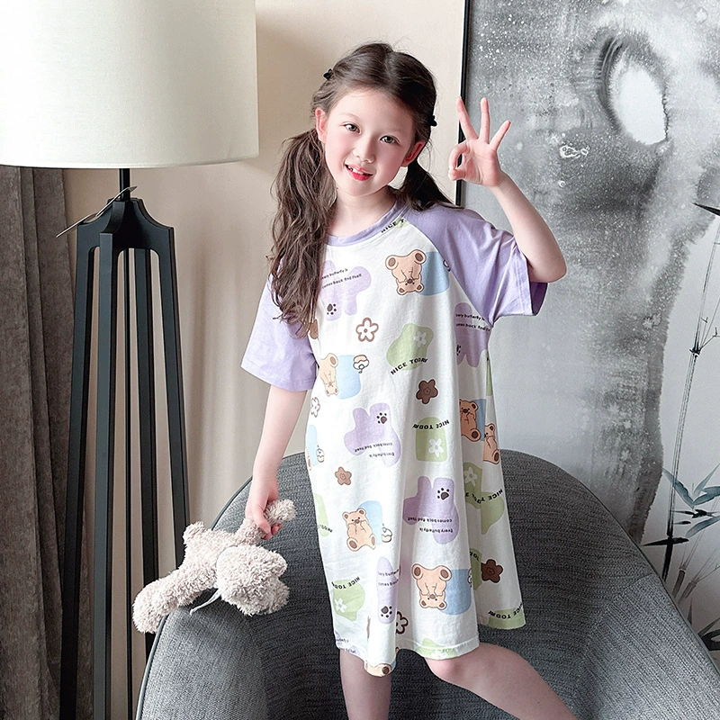 Cartoon summer children's pijama, mini-skirt, long skirt, with short sleeve, family style